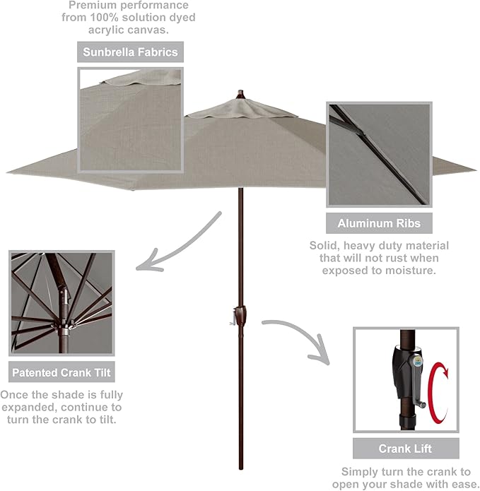 California Umbrella 12-Year Protection 9-Ft Outdoor Patio Umbrella, Sunbrella Fade-Resistant Acrylic Fabric, Auto Tilt and Crank, Heavy-Duty Aluminum Frame/ Reinforced Ribs, Bronze Pole, Granite
