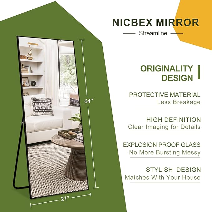 NicBex Full Length Mirror with Stand, 64"x21" Aluminum Alloy Frame Full Body Mirror, Black - Free Standing, Leaning Against Wall or Wall-Mounted