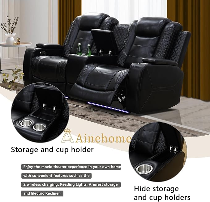 A Ainehome Power Leather Recliner Sofa Set with LED Lights, Recliner Sofa Sectional Couches for Living Room, Reclining Sofa, loveseat, Chair with USB Port/Storage Console/Cup Holder(Black,loveseat)