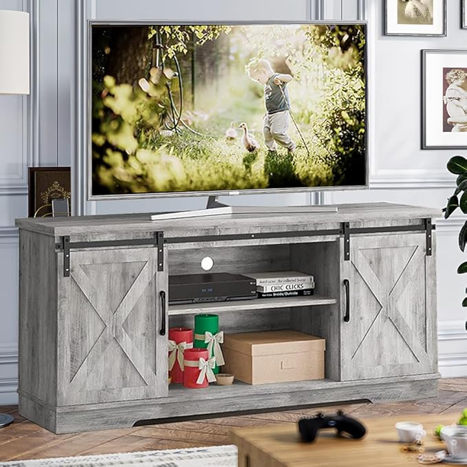GAOMON Farmhouse TV Stand for 65 Inch TV Entertainment Center TV Media Console Cabinet, TV Stand with Storage, Barn Doors and Shelves, Tall Modern TV Console Table Furniture for Living Bedroom (Grey)