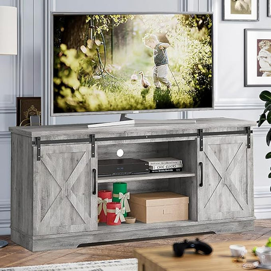 GAOMON Farmhouse TV Stand for 65 Inch TV Entertainment Center TV Media Console Cabinet, TV Stand with Storage, Barn Doors and Shelves, Tall Modern TV Console Table Furniture for Living Bedroom (Grey)