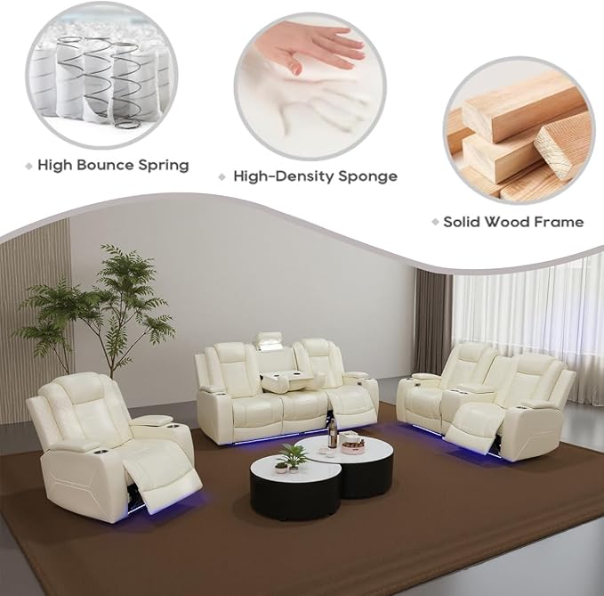 Power Recliner Sofa and Loveseat Set, 2 Piece Breathing Leather Living Room Set, Home Theater Seating Couches with LED/Cup Holders/Reading Light/Storage (Cream White, Upgared)