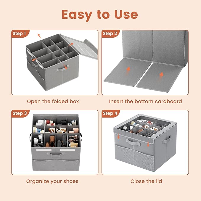 PHINOX Shoe Organizer for Closet, Fits 12-24 Pairs, Shoe Storage Bins with Clear Cover and Reinforced Handles, Foldable Shoe Storage Organizer, Space Saving Shoe Holder for Wardrobe, 2 Pack Gray