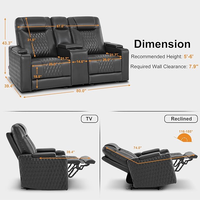 MCombo 80" Zero Gravity Oversized Power Reclining Loveseat with Adjustable Headrest for Living Room, Double Recliner Sofa with USB & Type C, Armrest Storage & LED Light HTS401SET
