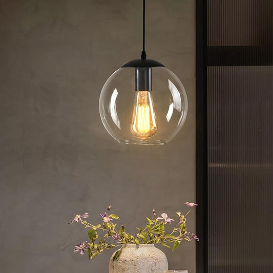 Globe Pendant Light, Modern Hanging Lighting Fixture, Classic Cluster Chandelier with Clear Glass Shades(Black, 1 Lights, 4.7 Inch)
