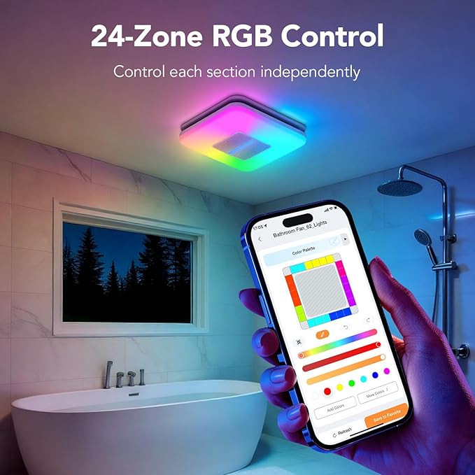OREiN Matter Smart Bathroom Fan with Light – Humidity Sensor & Dual Bluetooth Speakers, 130–160 CFM Ventilation, Ultra-Quiet 1.0 Sone, Tunable White & Custom RGB, Works with Alexa & Google Home