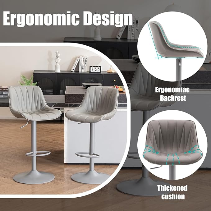 Kidol & Shellder Bar Stools Set of 2 Gray Adjustable Swivel Counter Height Barstools Upholstered Modern PU Leather Bar Chairs Stools for Kitchen Island