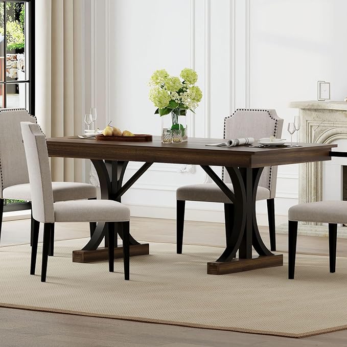 Garvee 71-Inch Wooden Kitchen Table with Two Drawers, Large Dining Table for 6-8 w/Large Tabletop & Sturdy Frame, Rectangular Dining Table with Double Pedestal, for Kitchen, Dinner