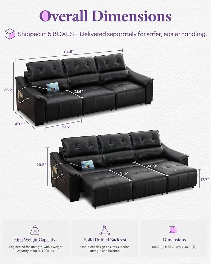 TYBOATLE Electric Reclining Sectional Couch, Power Recliner Sofa w/USB & Type-C Charging Ports and Cup Holders, Leather Reclining Sofa for Living Room, Home Theater