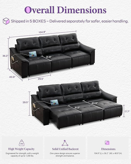 TYBOATLE Electric Reclining Sectional Couch, Power Recliner Sofa w/USB & Type-C Charging Ports and Cup Holders, Leather Reclining Sofa for Living Room, Home Theater