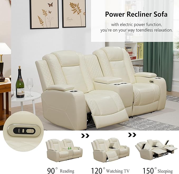 Air Leather Recliner Loveseat with Cup Holder&Storage Console, Reclining Couch for RV Living Room Home Theater (Cream White, Upgared)