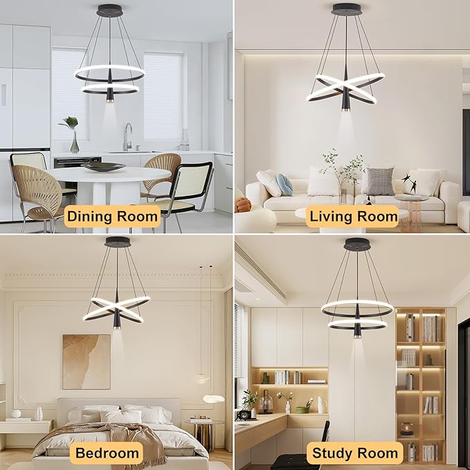 Modern LED Chandelier, Dimmable 20in Black Kitchen Pendant Light Fixture Dining Room Lights Ceiling Hanging, 2 Ring Round Chandeliers for Bedroom Living Room Staircase Over Table (3360lm)