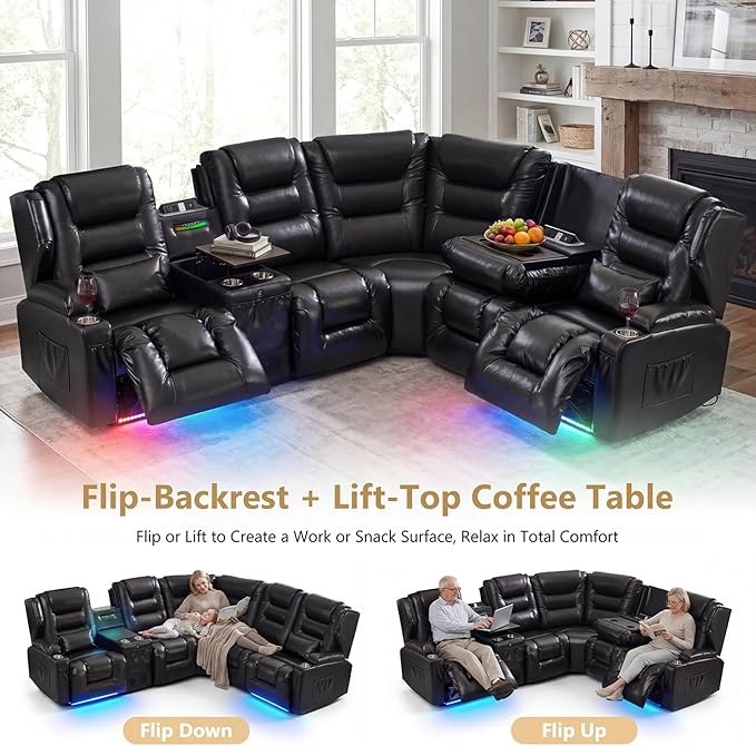 SAMERY Recliner Sectional Couch, Power Reclining Sectional Sofa, Wall Hugger Recliners RV Couch with Corner Couch, Flip-Backrest, Lift-Top Table, Ambient Lights, USB, Faux Leather, Black | Extra Wide Seat, Plush Padding, Dual Power Recline, Lift-Up Tab...