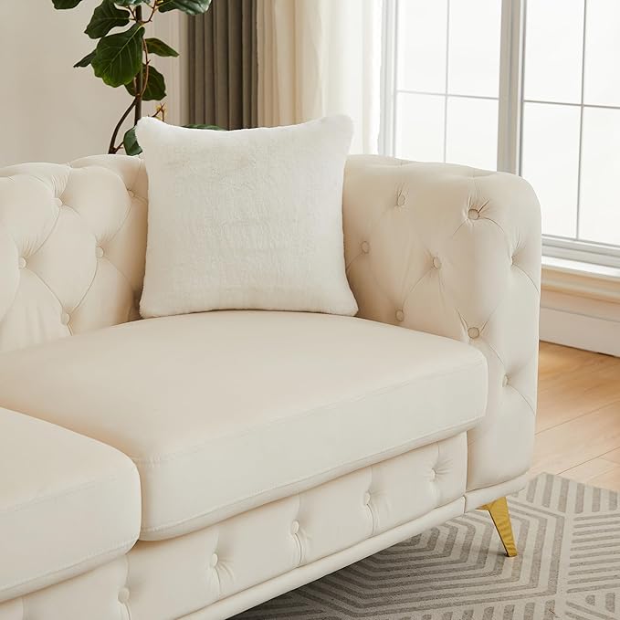 KEIKI 61" Luxury Oversized Velvet Chesterfield Sofa with 2 Pillows, Mid-Century Style 2-Seater Tufted Buttons Couch with High-Density Foam Cushions, Easy Assembly, for Apartment, Living Room, Beige