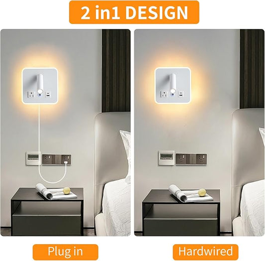 LED Wall Lamp Dimming Wall Mounted Reading Lights, Adjustable Headboard Plug in Wall Sconce with USB+USB C Ports, Headboard Bedside Lamp with 6W+3W Night Light 3000K (White)