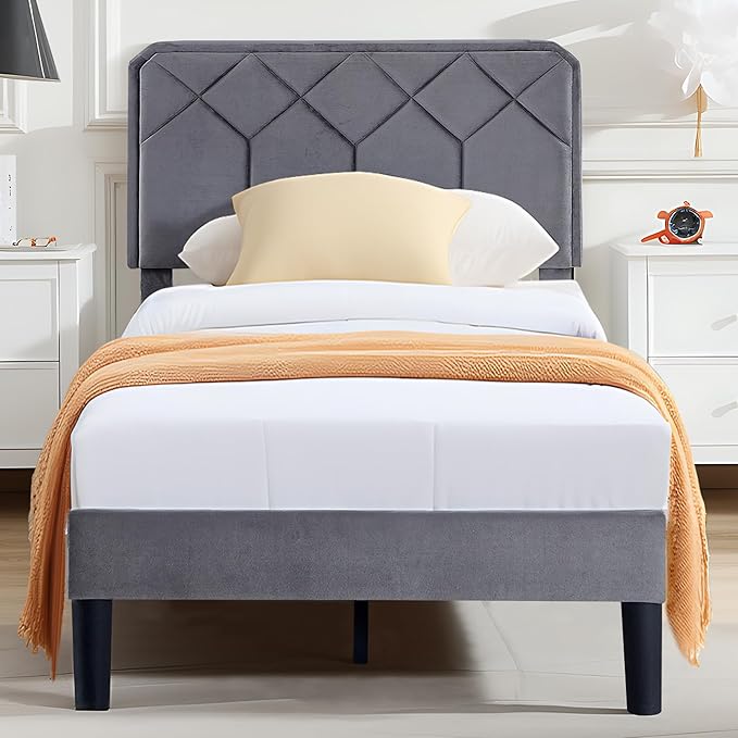 VECELO Twin Size Bed Frame, Velvet Upholstered Platform with Adjustable Headboard, Mattress Foundation with Solid Wood Slats, No Box Spring Needed, Easy Assembly