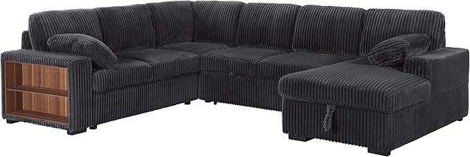 ERYE Oversized U-Shaped Pull Out Sleeper Couch Bed, Modern U Shaped Sleeper Sectional Sofa Corduroy Corner Convertible Sofa Bed with Storage Chaise Lounge and Cabinet