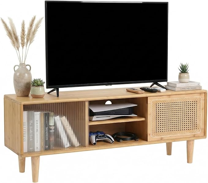 Welnow Rattan TV Stand for Up to 55 Inch, Mid Century Modern Bamboo Entertainment Center with 2 Cabinets & Adjustable Shelf, Storage Media Console Table for Living Room, Bedroom, Natural