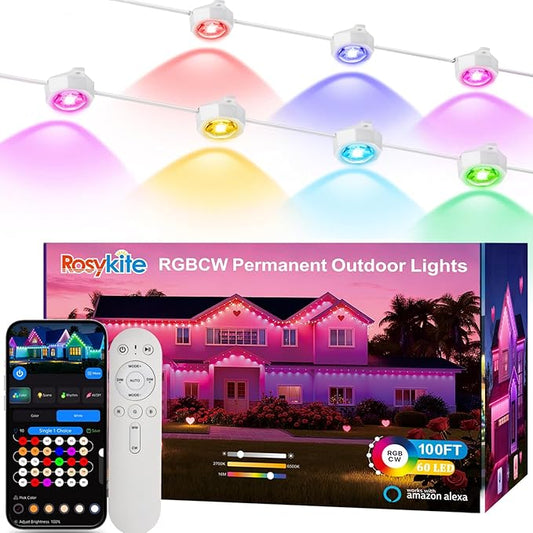 Permanent Outdoor Christmas Lights for House,100ft Smart RGB+IC Color Eave Lights,Tunable Warm to Cool White 60lm for Daily Lighting,IP67 Waterproof, Alexa Google APP Remote Control
