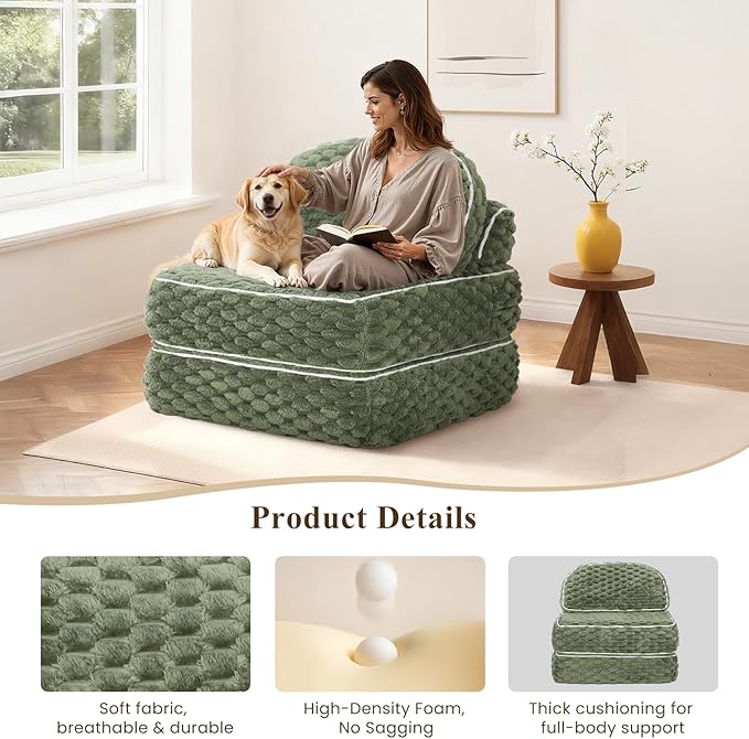 MALOL Folding Sofa Bed, 3-in-1 Convertible Sleeper Chairs with Pillow,Back Support, Fuzzy Fabric Floor Couch Bed for Adults, Boneless Couches Living Room, Bedroom, Apartment, Green