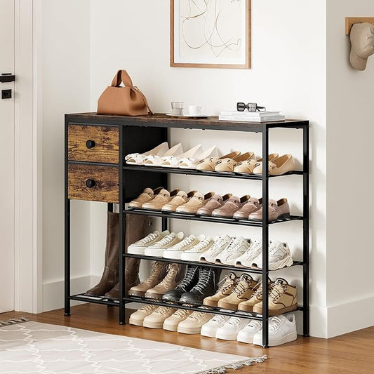 5-Tier Shoe Rack with 2 Fabric Drawers, Metal Frame and Wooden Board Shoe Organizer for 16-20 Pairs of Shoes, Shoe Shelf with Boots Storage for Entryway Closet Rustic Brown