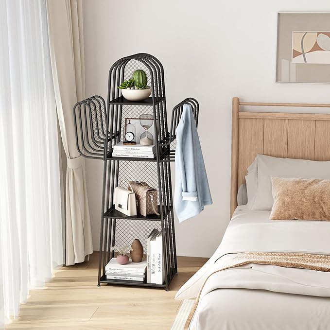 DOORXIF 4-Tier Industrial Bookshelf Freestanding, Cactus Bookcase Storage Organizer Closet Corner Metal Display Cabinet, Corner Black Bookshelf for Small Spaces, Industrial Bookcase for Bedroom Office