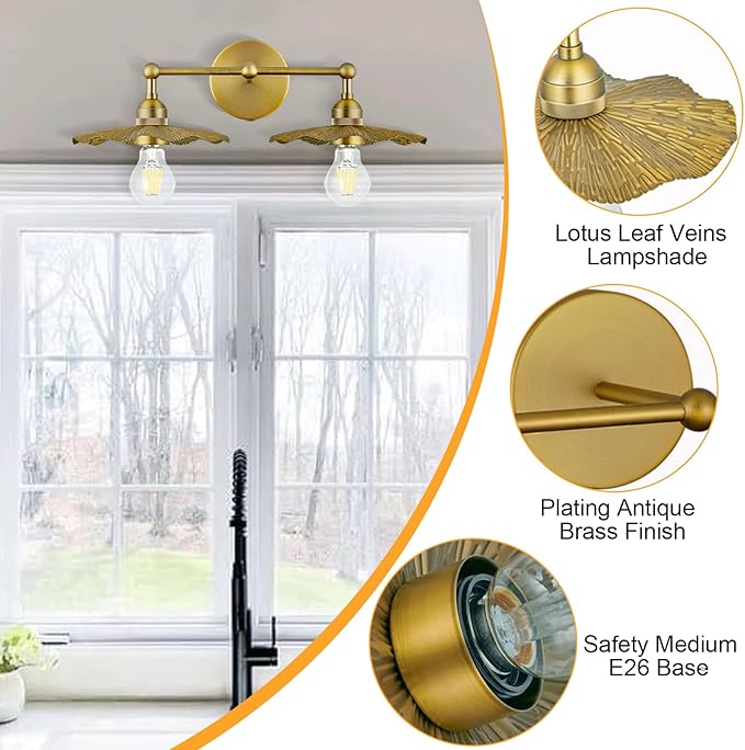 PASSICA DECOR Hardwired 2 Head Wall Sconce Indoor Wall Light Antique Brass 2-Lights with Flower Shade Wall Lighting Fixture for Bathroom Vanity Kitchen Sink Bedrroom Living Room Farmhouse…