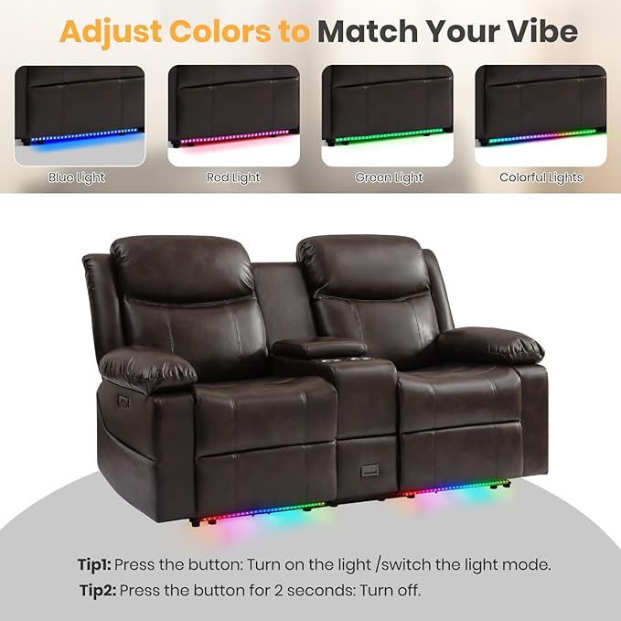 Power Loveseat Recliner Sofa with Console, Electric Reclining Couch with Colorful Light/Storage/USB/Type C, RV Wall Hugger Recliners Loveseat for Living Room & Home Theater & RV