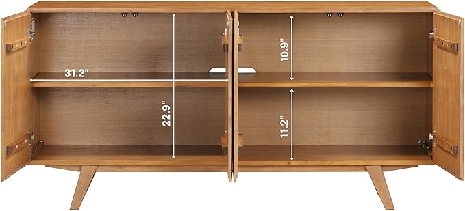 NTC Sapa Mid-Century Modern Solid Wood Sideboard – 4-Door Accent Buffet Cabinet with Carved Geometric Fronts, for Living Room, or Entryway, Effortless Assembly, Teak Look