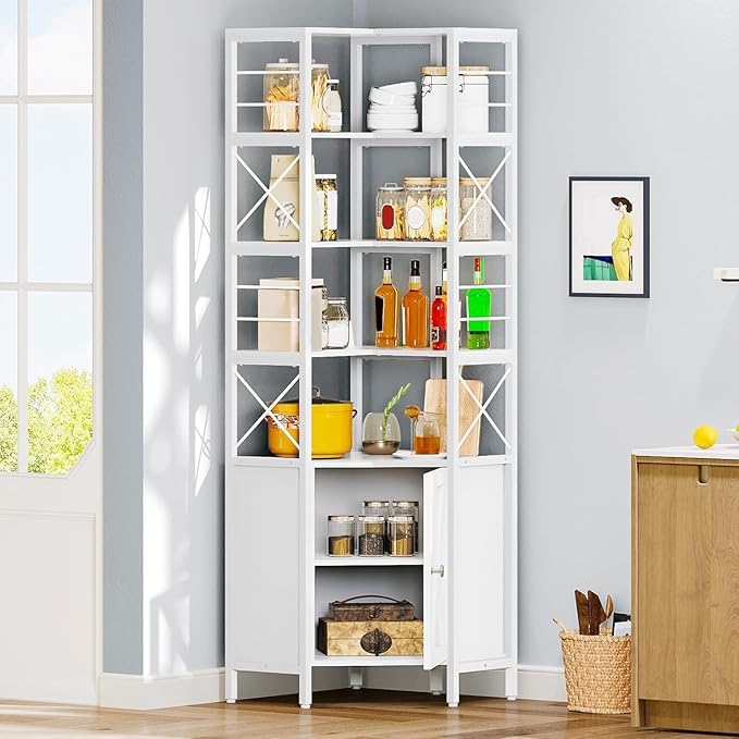 YITAHOME Corner Shelf with Door, 7-Tier Tall Bookshelf, Bookcase Cabinet with Shelves Freestanding Storage Stand for Living Room, Kitchen, White