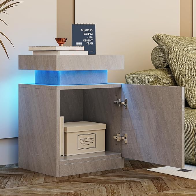 Nightstands Set 2, 17 Inches Modern Bedside Table with LED Lights, LED Night Stand Set of 2, High Gloss Surface, End Table with Storage for Bedroom, Grey