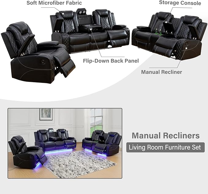 Power Recliner for Living Room, Air Leather Reclining Chair with LED/Storage, 1-Seater Reclining Furniture, Black Leather Couch for House/Apartment/Office