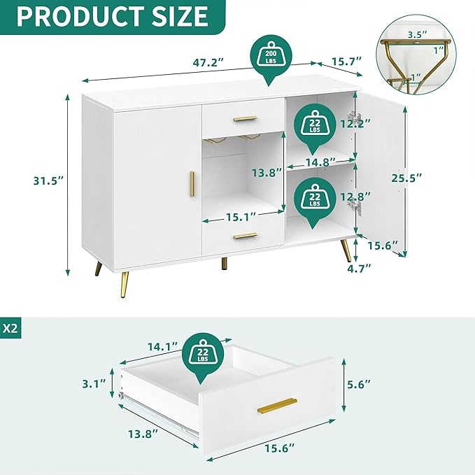 YITAHOME Sideboard Buffet, Buffet Cabinet Storage Credenza w/Adjustable Shelf, Wine Glass Holder, Drawers, Modern White & Gold Dresser 300 lbs Capacity for Living Room, Kitchen, Dining Room
