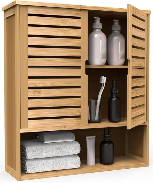 Bathroom Wall Cabinet, Bamboo Storage Cabinet Wall Mounted, Wall Hanging Cabinet with 2 Doors & 3 Tier Shelves