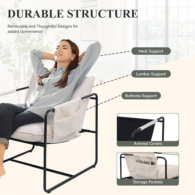 Accent Chair with Metal Frame, Upholstered Living Room Chairs with Cushions, Comfy Reading Armchair for Bedroom Beige