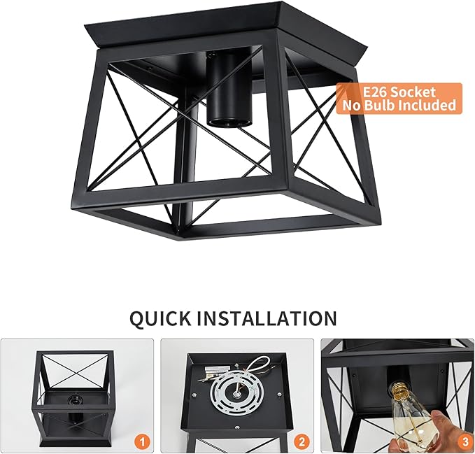 Farmhouse Ceiling Light Fixtures Black Flush Mount Ceiling Light 1-Light Industrial Metal-Framed Ceiling Lights, Rustic Flush Mount Ceiling Light for Hallway Kitchen Foyer Laundry Bedroom