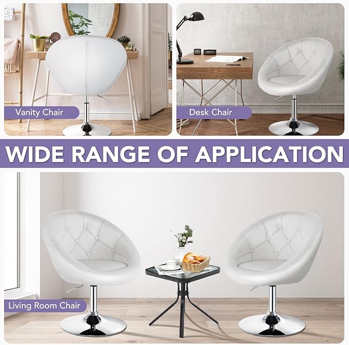 Tufted Leather Swivel Accent Chair - Height Adjustable, Round Back, Chrome Frame, Suitable for Bedroom, Lounge, Bar