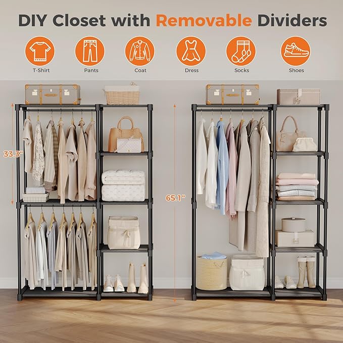 OLIXIS Portable Wardrobe Closet with Hanging Rods, 44 Inch Portable Clothing Rack with Shelves, Heavy Duty Clothes Rack, Freestanding Closet Organizer, 44" L x 15.7" W x 65" H