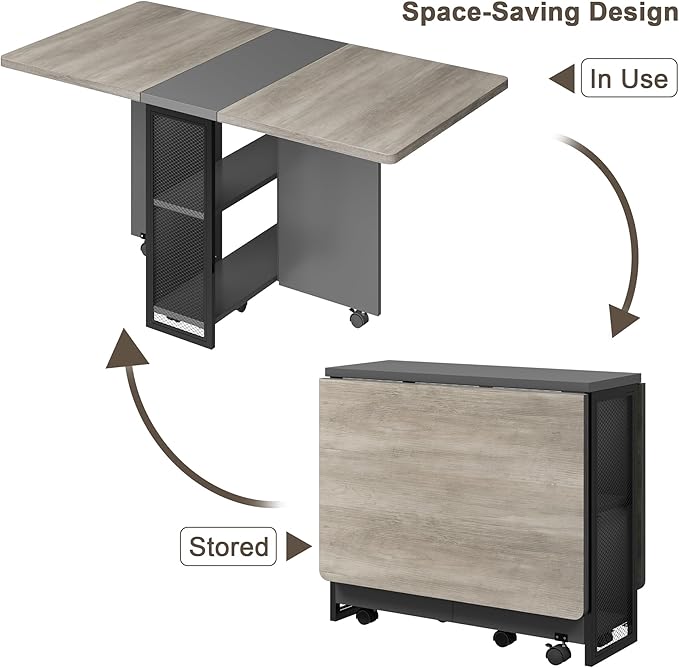 GAOMON Folding Dining Table, Drop Leaf Dining Table for 4, Foldable Kitchen Table with 6 Wheels and 2 Storage Shelf, Space Saving Dining Table with Drawer for Small Spaces