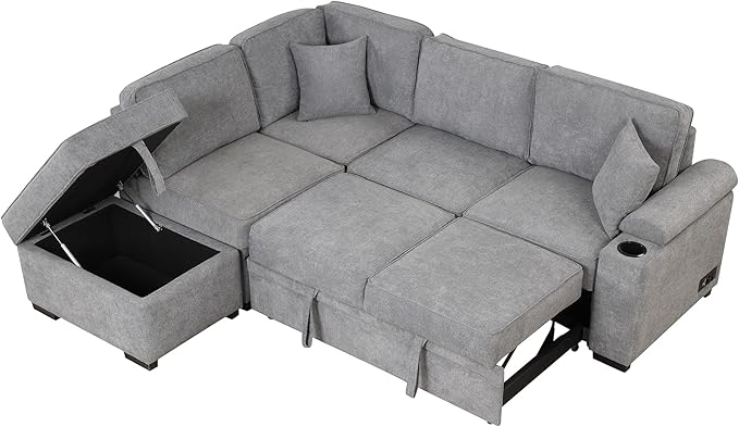 ERYE 84-Inch Left Facing Corner Sleeper Sectional Sofa with Pull Out Sleeper Couch Bed and Storage Ottoman,L-Shaped Corner Convertible Sofa Bed W/Cupholder & Padded Armrests | USB Charging Ports, 3-pin Plug Socket