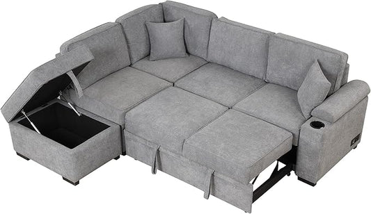 ERYE 84-Inch Left Facing Corner Sleeper Sectional Sofa with Pull Out Sleeper Couch Bed and Storage Ottoman,L-Shaped Corner Convertible Sofa Bed W/Cupholder & Padded Armrests | USB Charging Ports, 3-pin Plug Socket