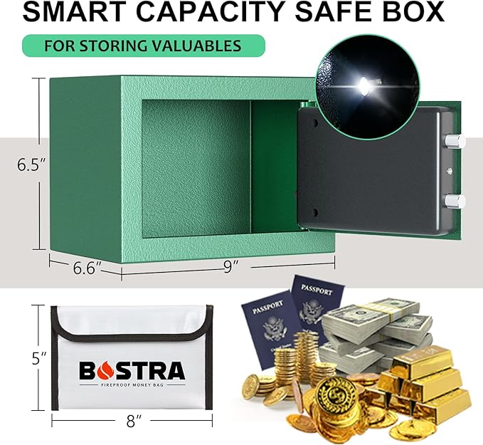 Bostra Fireproof Safe Box with Sensor Light & Fireproof Bag, Digital Keypad, Home Security Safe for Cash & Jewelry - Green, 0.23 Cubic Small