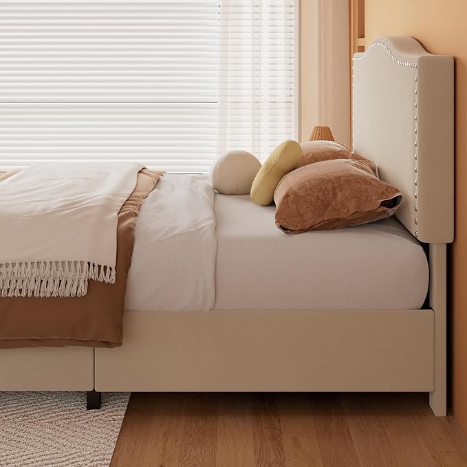 VECELO Queen Bed Frame, Platform Bed Frame with Underbed Storage Drawers and Adjustable Height Upholstered Headboard, Heavy-Duty Frame and Strong Wooden Slats Support, Noise-Free, Easy Assembly, Beige