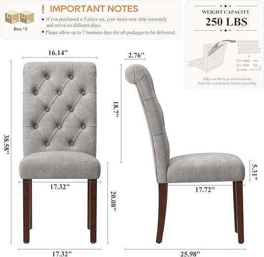 Upholstered Tufted Dining Room Chairs Set of 4, Parsons Kitchen Chairs with Padded Seat and Solid Wood Legs, Fabric Accent Side Diner Chair for Dining Room/Kitchen/Living Room, Light Grey
