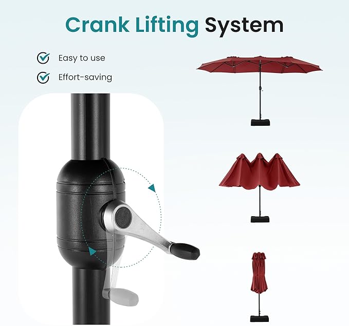 DUMOS 15FT Extra Large Patio Umbrella with Base Included, Rectangle Table Umbrella Outdoor Patio, 12 Sturdy Ribs Triple Head Canopy Outside Umbrellas for Deck, Backyard and Poolside,Wine Red