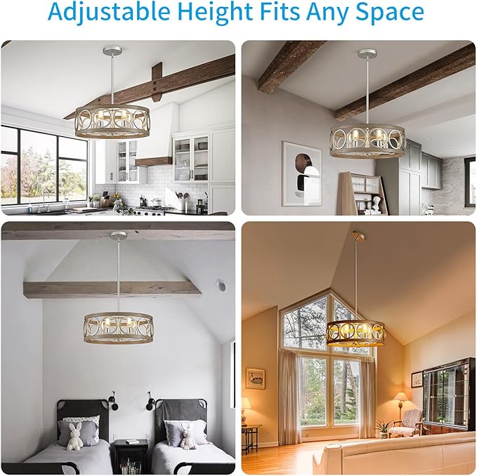 XINGQI 21.7" Drum Chandelier, Farmhouse Dining Room Light Fixture, Wood Grain Brushed Nickel Kitchen Lighting 5 Light with Round Metal Shade Vintage Hanging Light for Living Room Bedroom