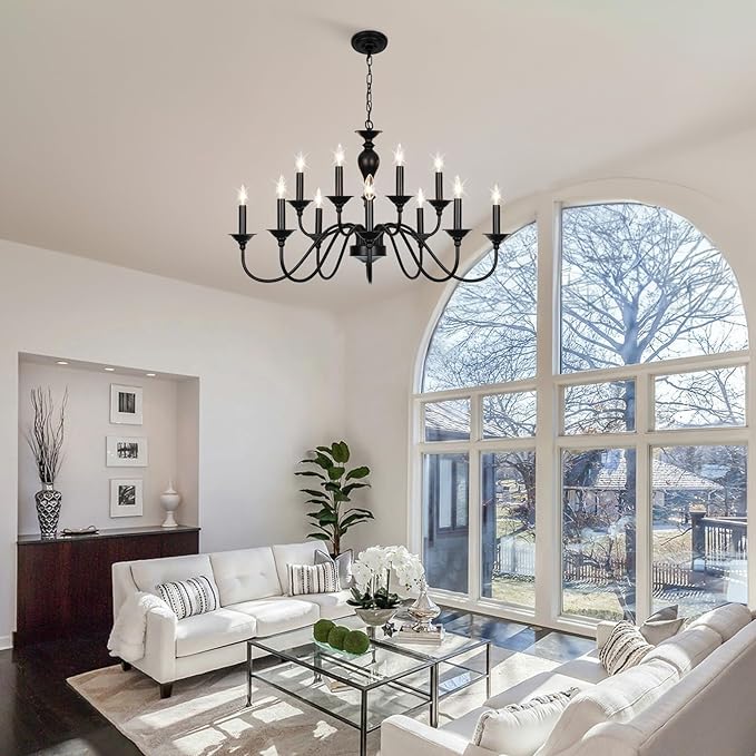 Black Farmhouse Chandeliers for Dining Room Light Fixtures Over Table, 12 Light Industrial Candle Hanging Chandeliers for Living Room Kitchen Island Foyer Staircase