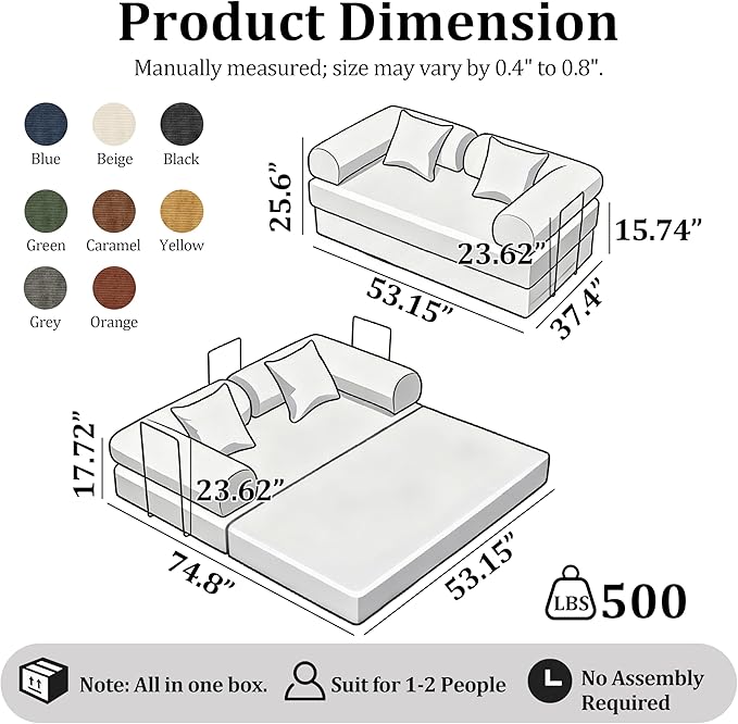 53.15'' Convertible Compressed Corduroy Folding Cloud Sofa Bed, Modern Boneless Pull Out Loveseat Sleeper in a Box, 4 in 1 Floor Mattress Futon Cloud Couch, No Assembly Needed, Green, 2 Pillows, Full