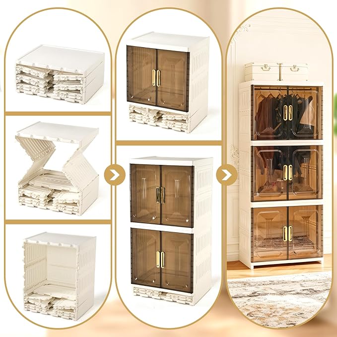 SAYMA 3 Layer Portable Wardrobe Closet Pet, Pet Collapsible Clothes Storage Organizer, White Plastic Foldable Wardrobe Cabinet with Doors & Wheels (3 Layer)
