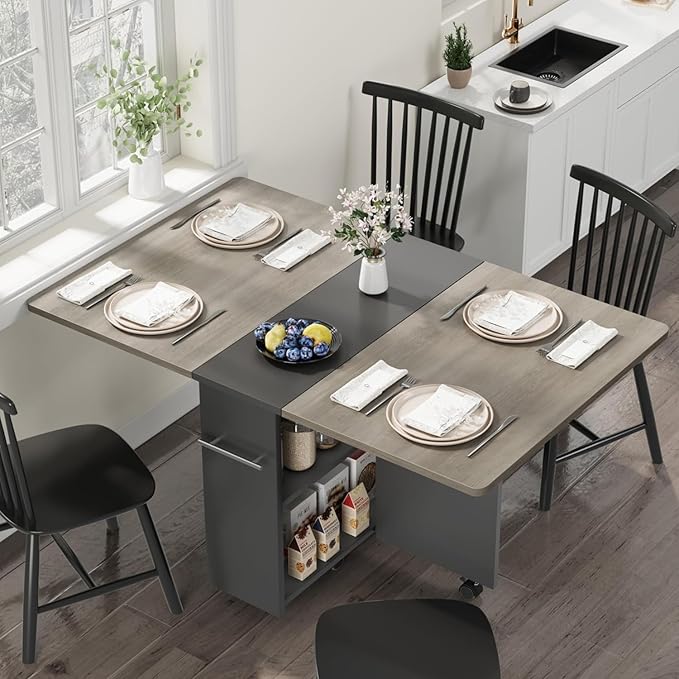 GarveeHome Folding Dining Table, Space Saving Farmhouse Dining Table for 4 Storage Shelf, 6 Wheels Multipose Expandable Kitchen Drop Leaf Table for Small Spac